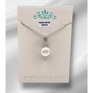 925 Sterling Silver Freshwater Pearl & Crystal Pendant Necklace NWT Gift For Her